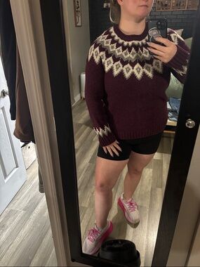 L.L. Bean Maroon Nordic Yoke Crewneck Sweater with Cream & Gray Accents